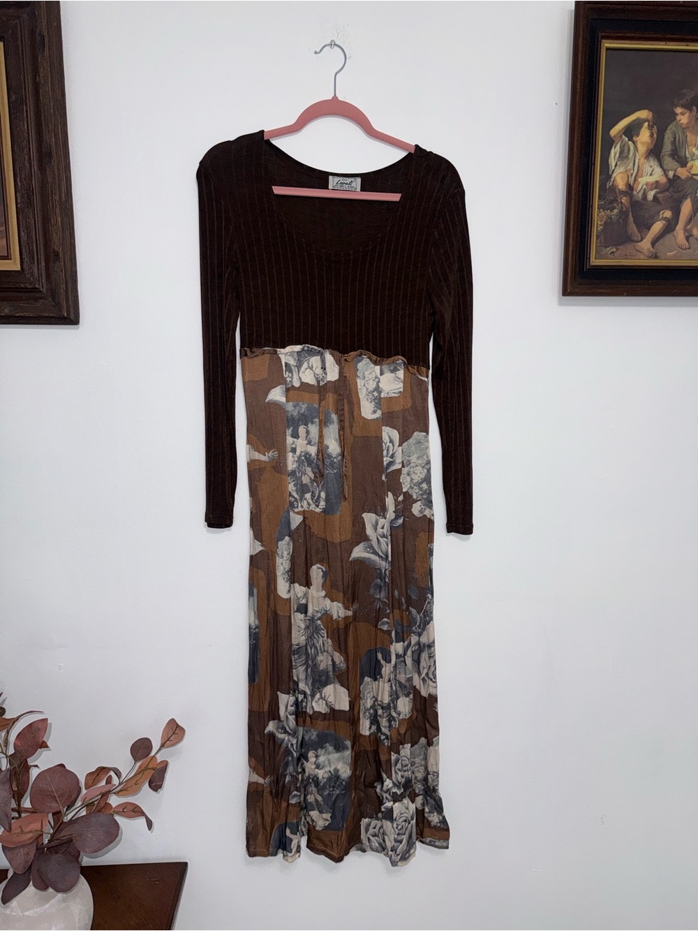 Brown Floral Maxi Dress with Ribbed Knit Bodice